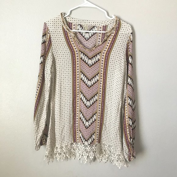 gimmicks by BKE Tops - GIMMICKS by BKE Buckle Beaded V Neck Printed Boho Lace Hem Blouse Size Small